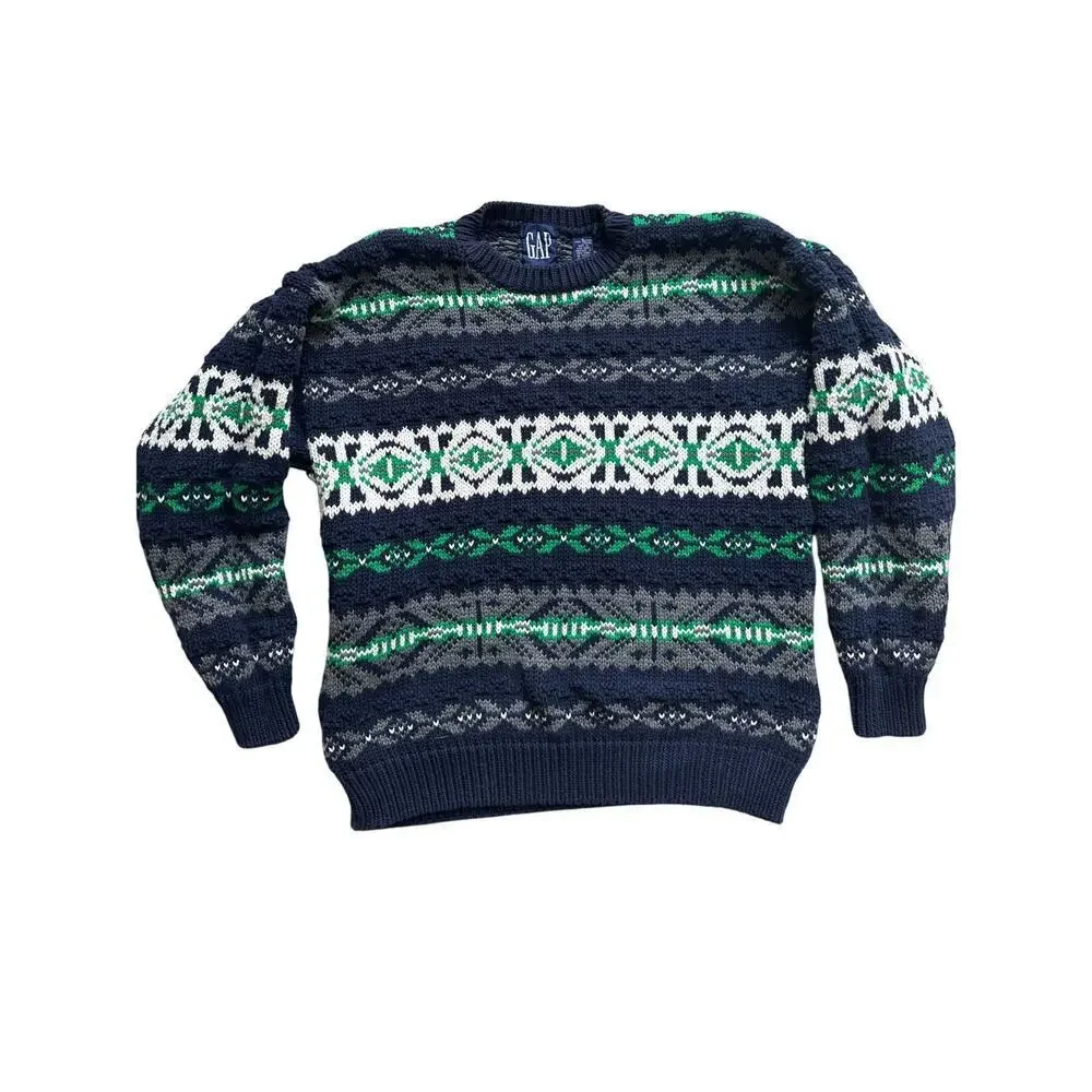 Vintage 90s GAP Rare Sweater Men’s Small Fair Isle Knit Blue Green Cotton
